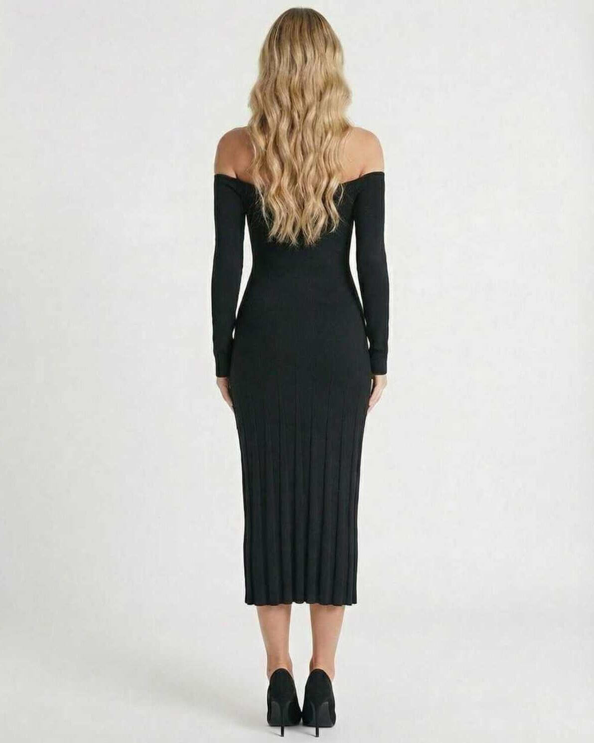 Udre Midi Dress in black, off-shoulder design, sleek silhouette, elegant style for any occasion by RAMBLION.