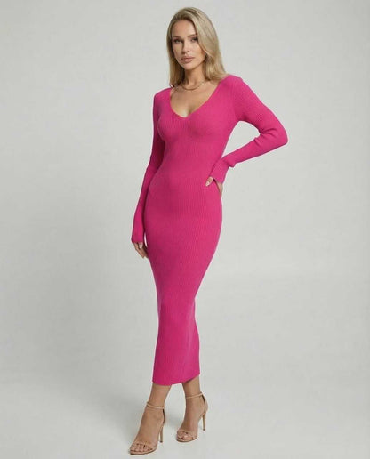 Udri Midi Dress in vibrant pink, featuring a V-neck, ribbed knit fabric, perfect for stylish occasions. By RAMBLION.