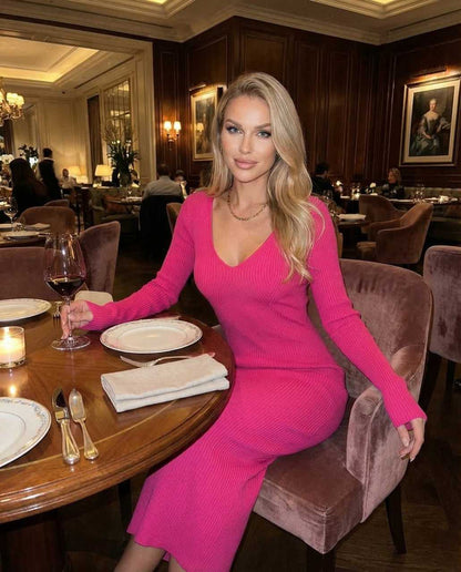 Udri Midi Dress in vibrant pink, featuring a V-neck design, perfect for elegant dining occasions, by RAMBLION.