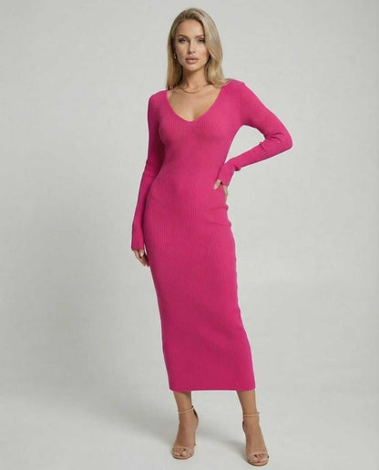 Udri Midi Dress in pink, ribbed knit, V-neck, stylish and comfortable, perfect for various occasions by RAMBLION.