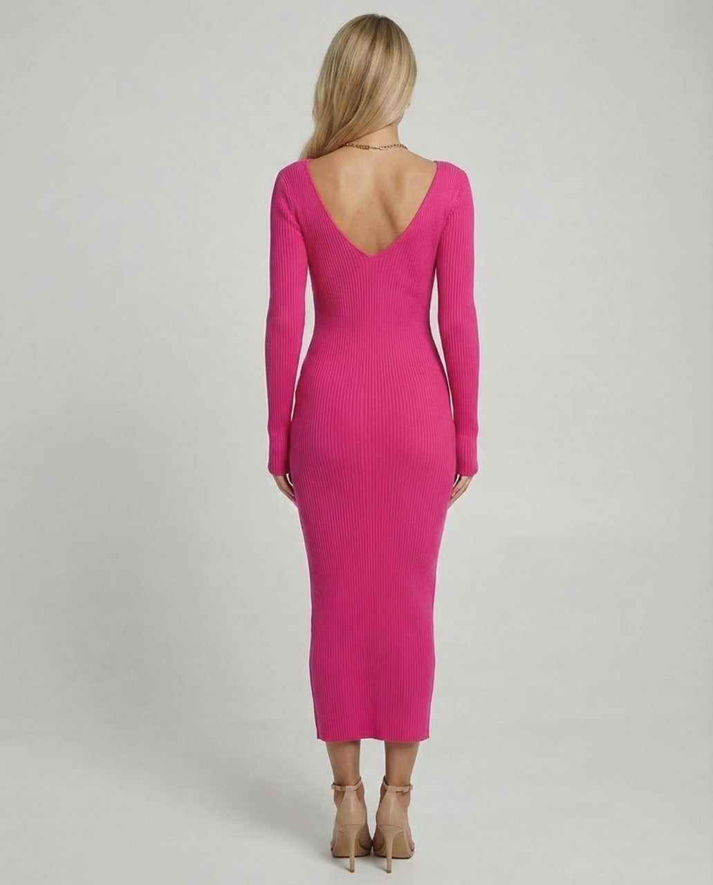 Udri Midi Dress in pink, ribbed knit fabric, V-neck design, perfect for casual or elegant occasions by RAMBLION.