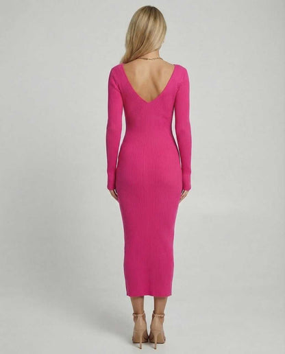 Udri Midi Dress in pink, ribbed knit fabric, V-neck design, perfect for casual or elegant occasions by RAMBLION.
