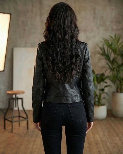 Udro Jacket back view, stylish faux-leather outerwear, perfect for chic occasions, by RAMBLION.