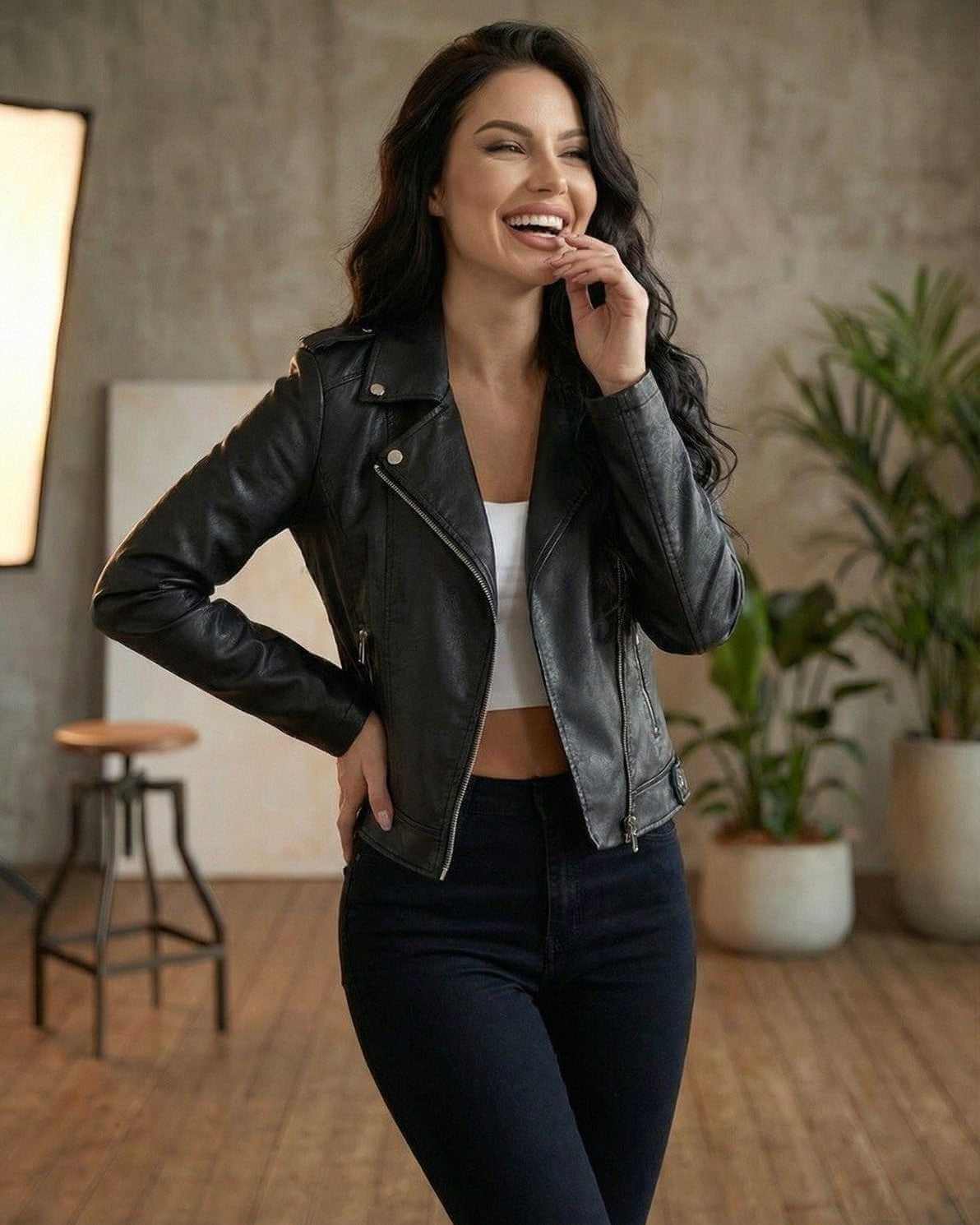 Udro Jacket by RAMBLION, chic black faux-leather moto jacket, perfect for stylish occasions.