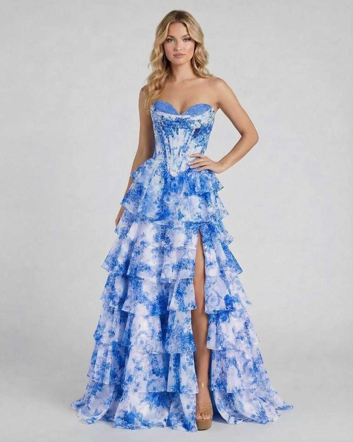 Udro Maxi Dress by RAMBLION, blue strapless satin dress with tiered design, perfect for formal occasions.