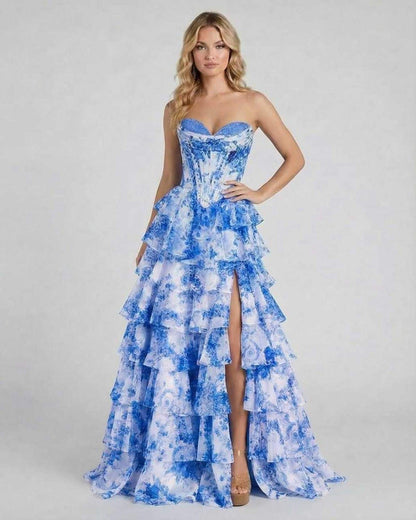 Udro Maxi Dress by RAMBLION, blue strapless satin dress with tiered design, perfect for formal occasions.