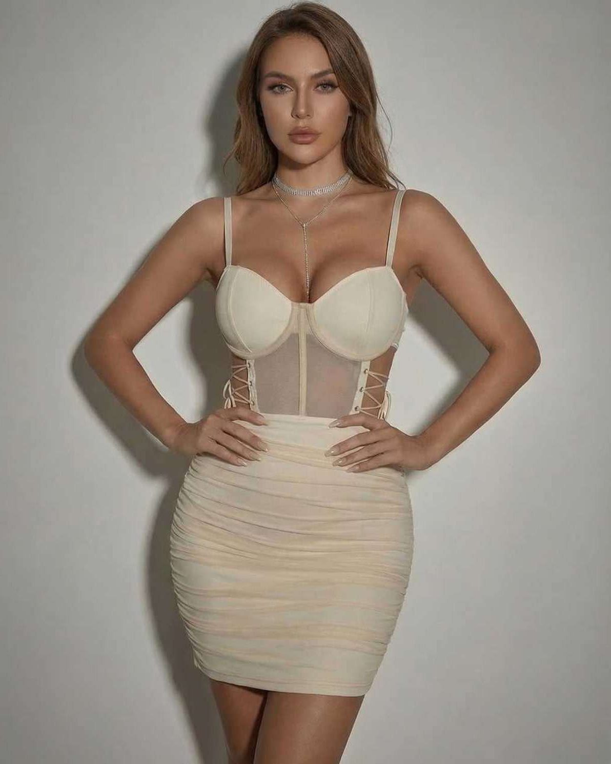 Udse Mini Dress - Gold Mini Dress with V Neck, sheer panels, chic pencil silhouette by RAMBLION for summer occasions.