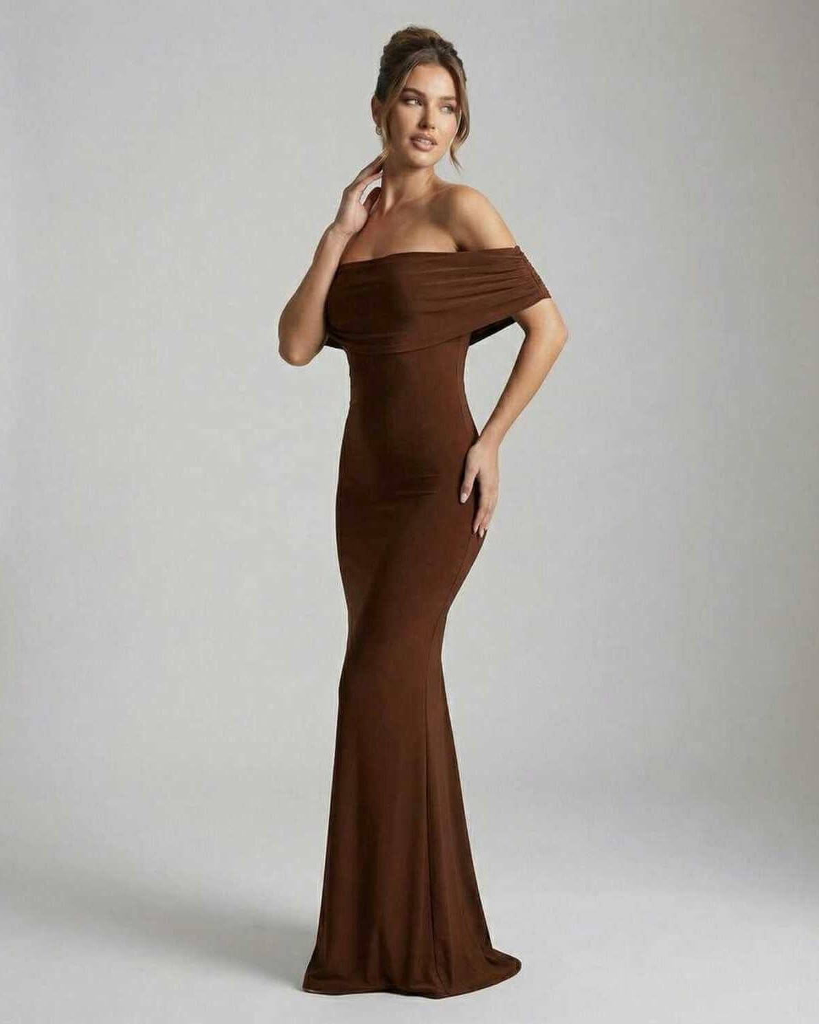 Udsi Maxi Dress in chocolate brown, satin fabric, elegant silhouette, perfect for formal occasions by RAMBLION.