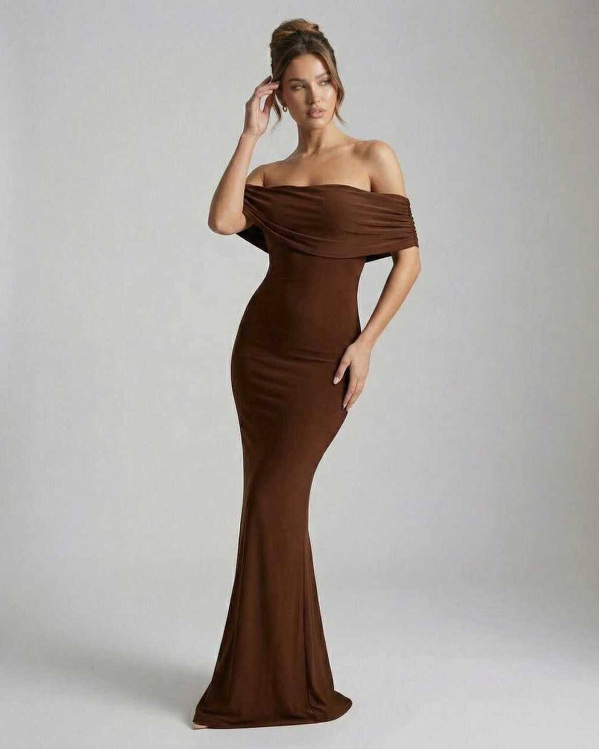 Udsi Maxi Dress in chocolate brown, 100% polyester satin, elegant strapless design for formal occasions by RAMBLION.
