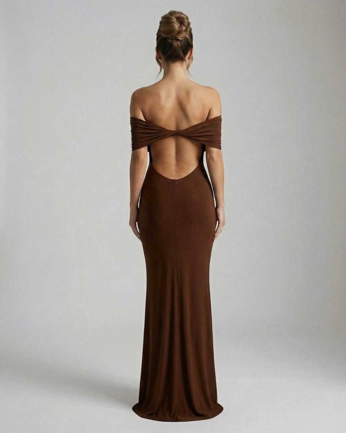 Udsi Maxi Dress - Brown satin, strapless design, elegant silhouette, perfect for formal occasions by RAMBLION.