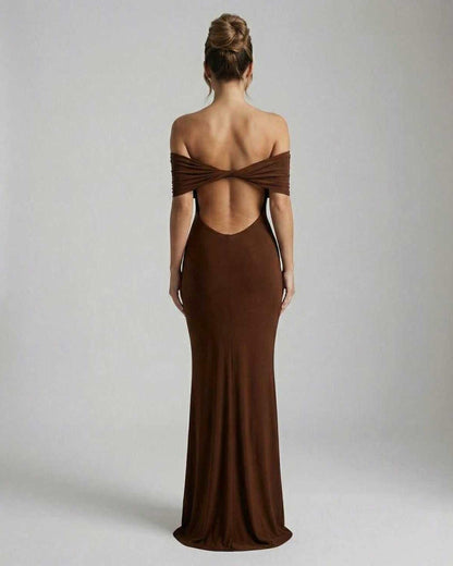 Udsi Maxi Dress - Brown satin, strapless design, elegant silhouette, perfect for formal occasions by RAMBLION.