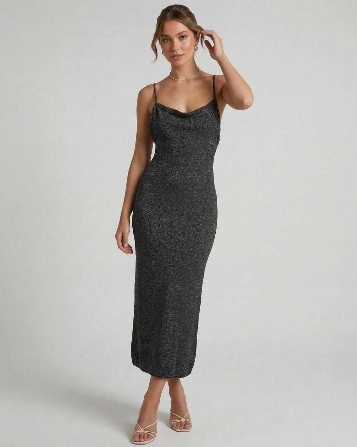 Ulia Midi Dress black midi-length dress with shimmer, modern sophistication and comfort, by RAMBLION.