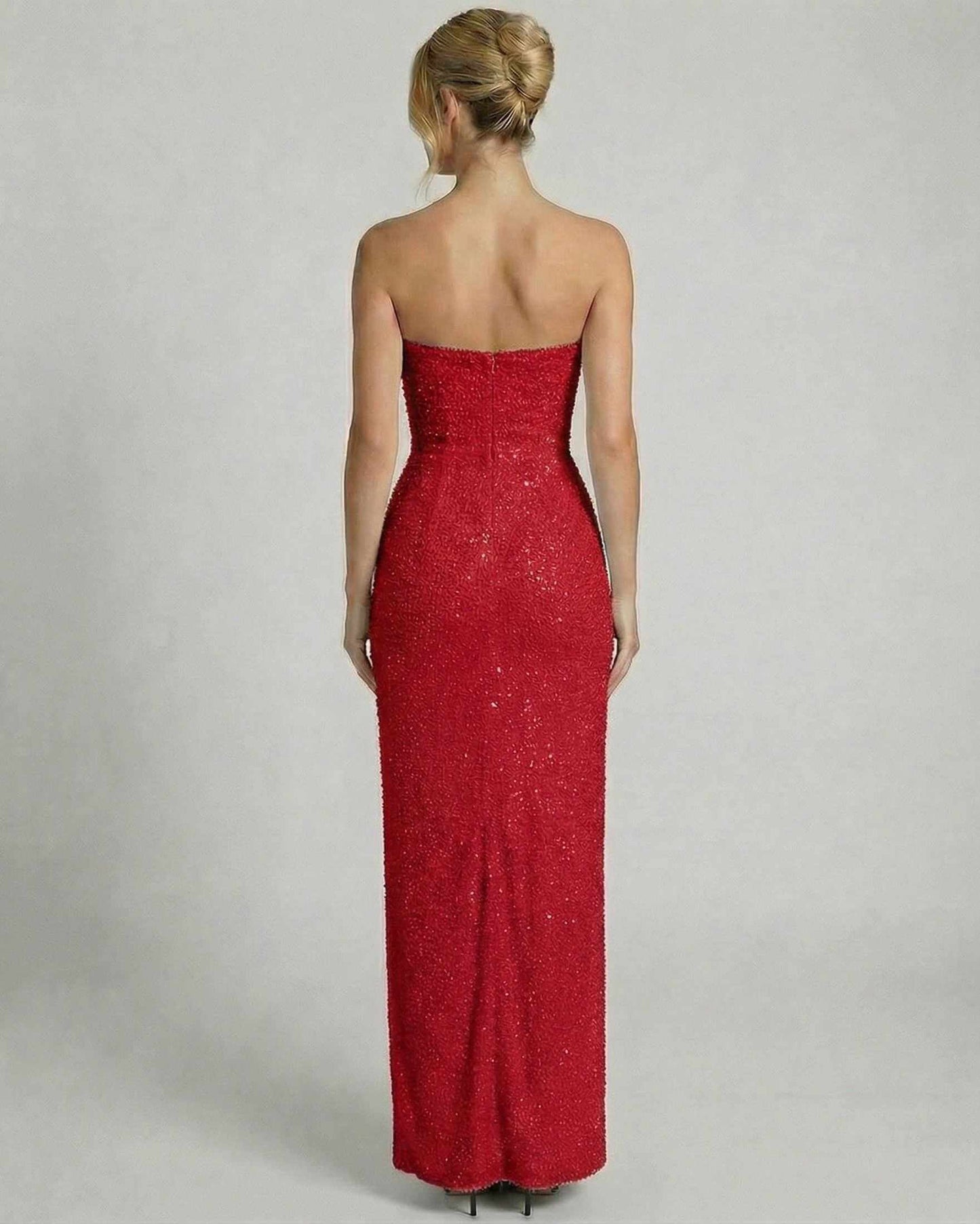 Ulva Maxi Dress back view in red mesh, strapless with cowl draping, by RAMBLION, perfect for elegant occasions.