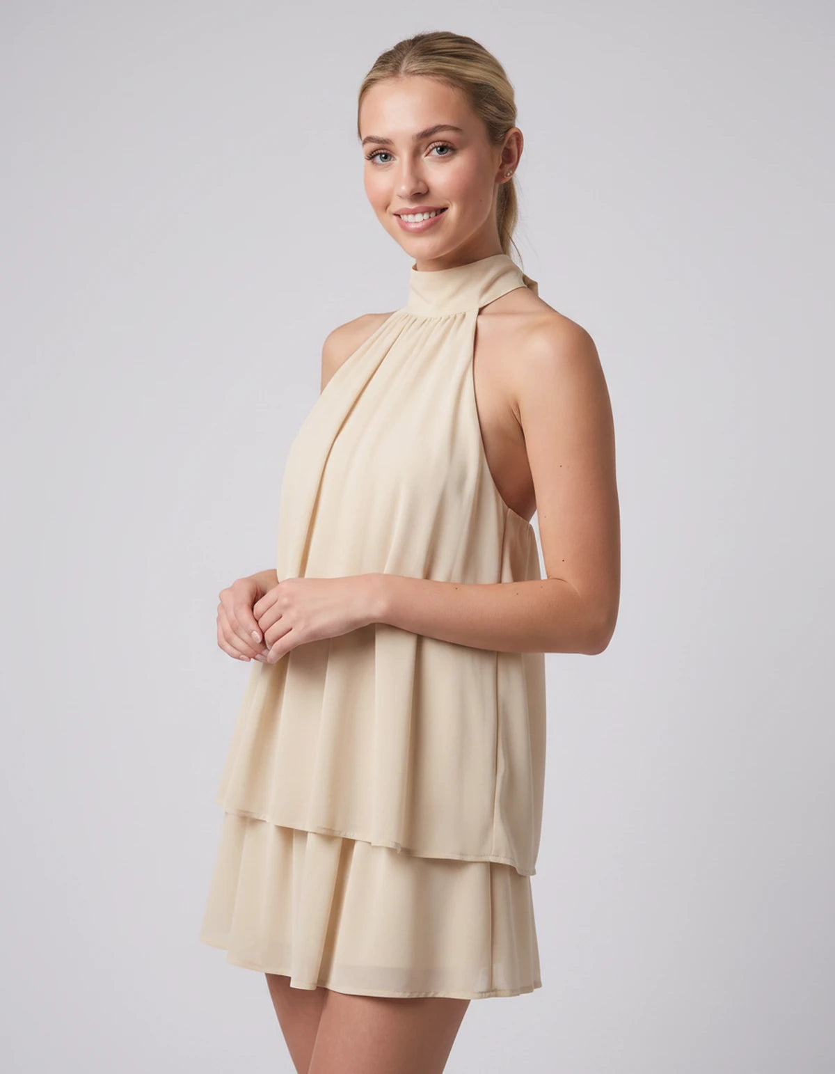 Ulyssa Mini Dresses — Apricot | SKU: RB-d92649-apricot-XS,RB-d92649-apricot-S,RB-d92649-apricot-M,RB-d92649-apricot-L