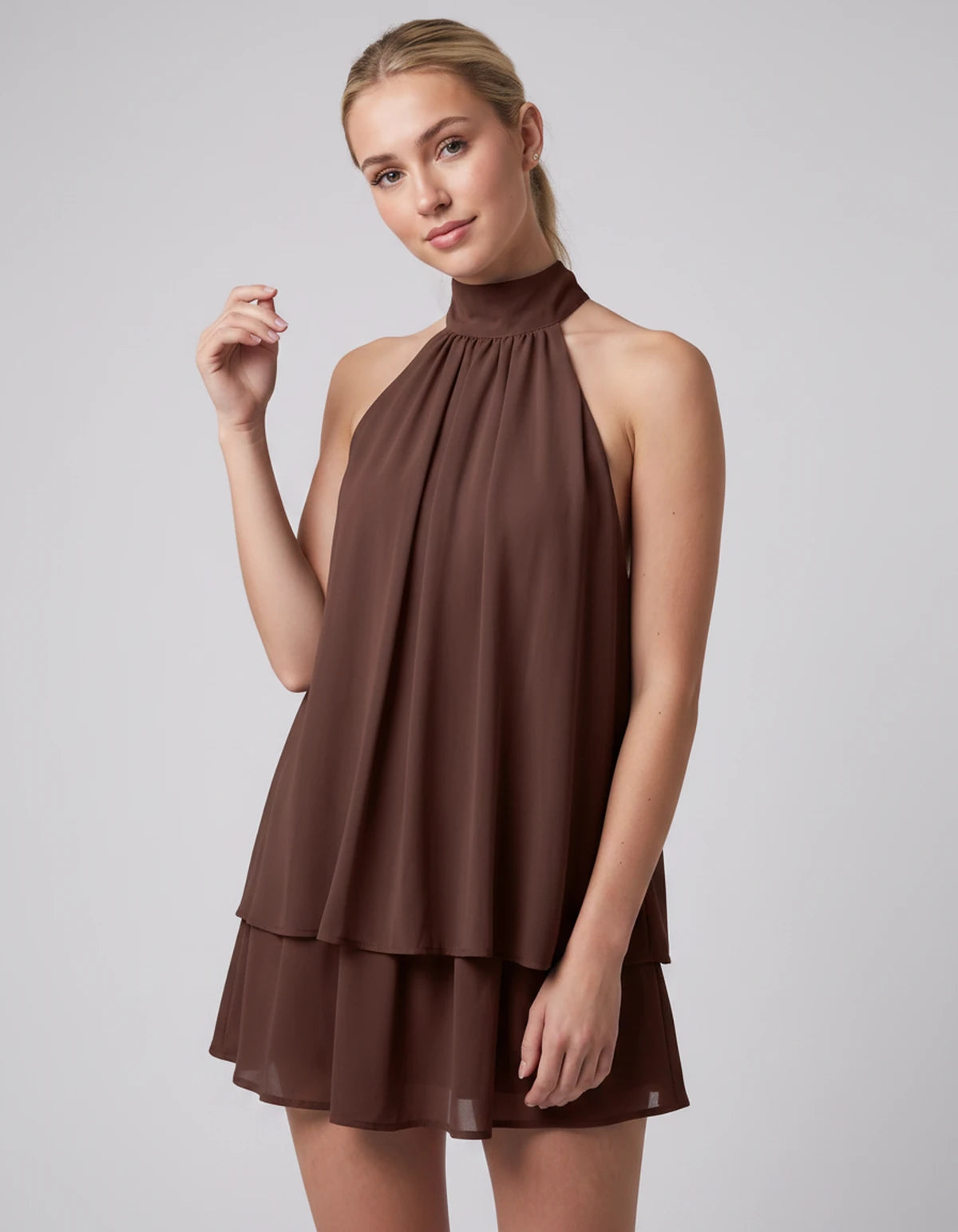Ulyssa Mini Dresses — Brown | SKU: RB-d92649-brown-XS,RB-d92649-brown-S,RB-d92649-brown-M,RB-d92649-brown-L