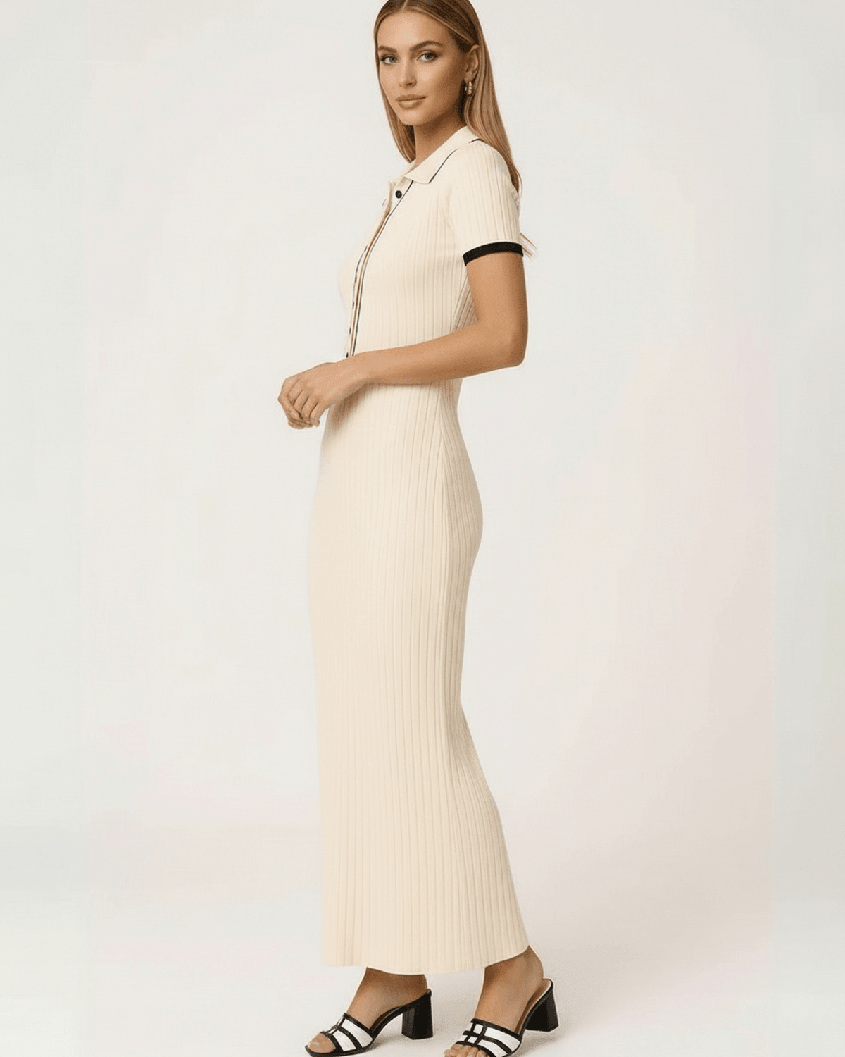 Uma Maxi Dress by RAMBLION in beige, ankle-length, ribbed texture, elegant style for contemporary occasions.