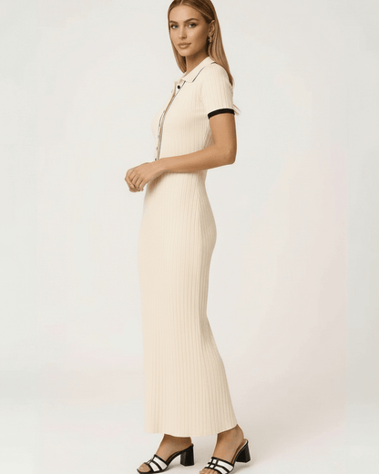 Uma Maxi Dress by RAMBLION in beige, ankle-length, ribbed texture, elegant style for contemporary occasions.
