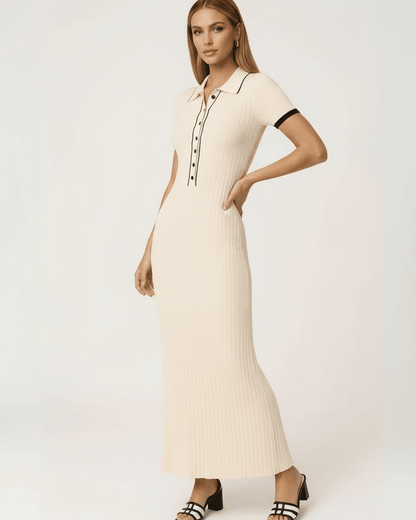 Uma Maxi Dress by RAMBLION, beige ribbed ankle-length dress, refined elegance, perfect for any occasion.