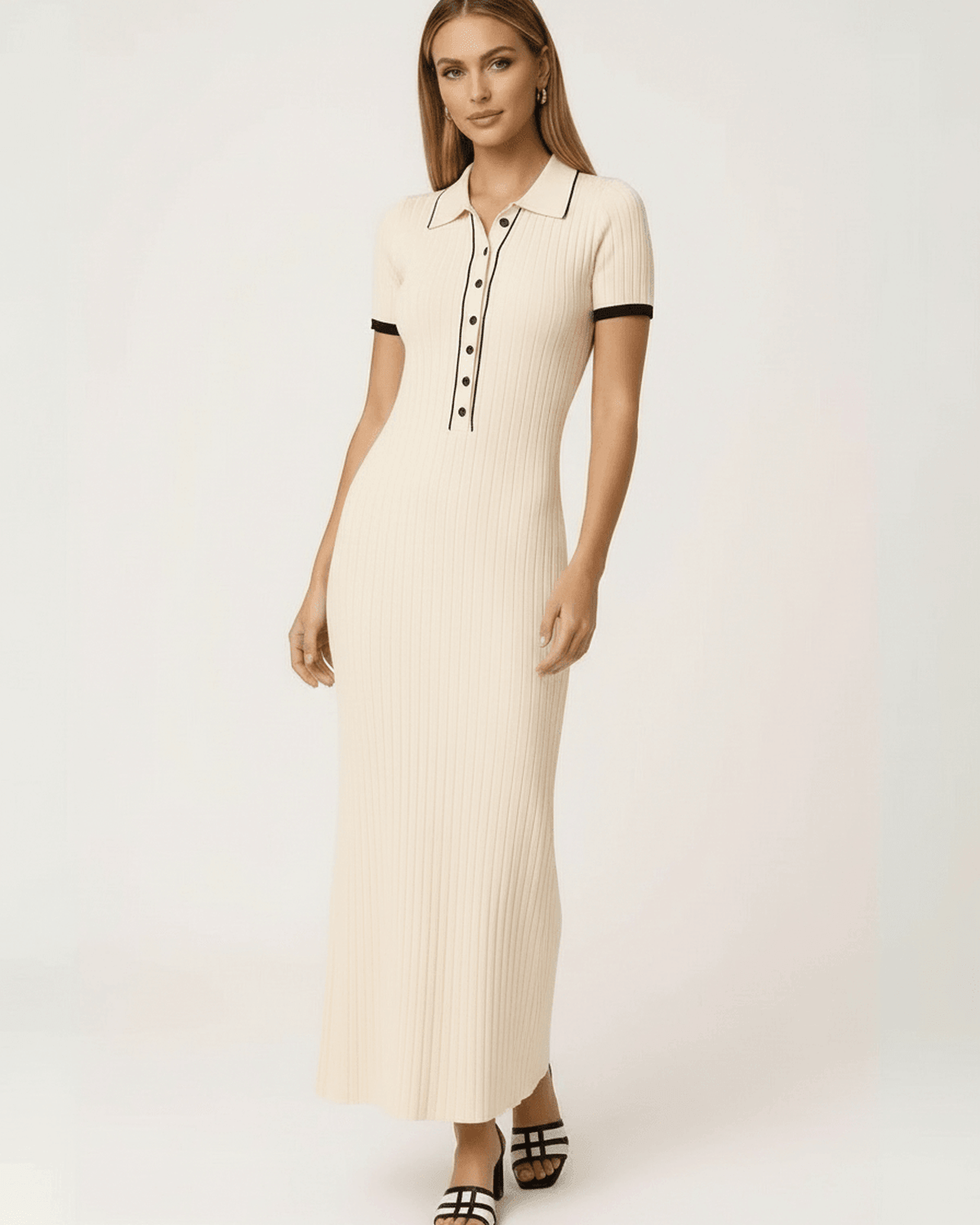 Uma Maxi Dress in beige, featuring ribbed texture and structured collar, perfect for elegant occasions by RAMBLION.
