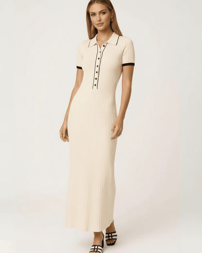 Uma Maxi Dress in beige, featuring ribbed texture and structured collar, perfect for elegant occasions by RAMBLION.