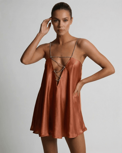 Uma Mini Dress by RAMBLION, smooth satin with rhinestone details, perfect for chic occasions in vibrant orange.