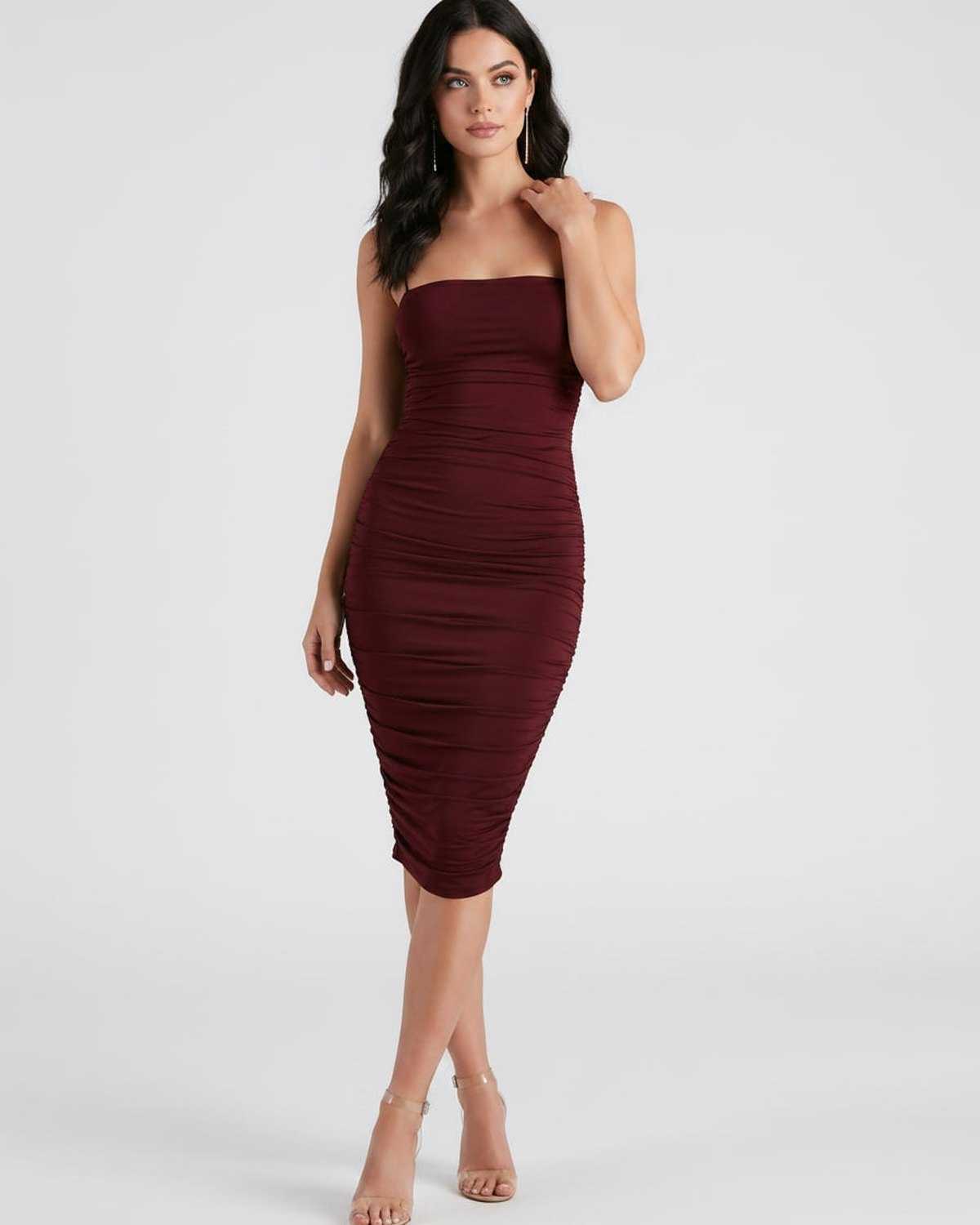 Ramblion Una midi dress — square neck neckline · back view · styled for cocktail season