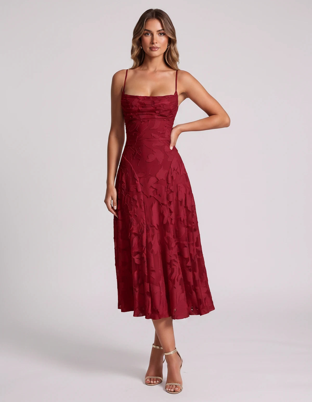 Undine Midi Dresses — Red | SKU: RB-038f47-red-2,RB-038f47-red-4,RB-038f47-red-6,RB-038f47-red-8,RB-038f47-red-10,RB-038f47-red-12,RB-038f47-red-14,RB-038f47-red-16,RB-038f47-red-16W,RB-038f47-red-18W,RB-038f47-red-20W,RB-038f47-red-22W