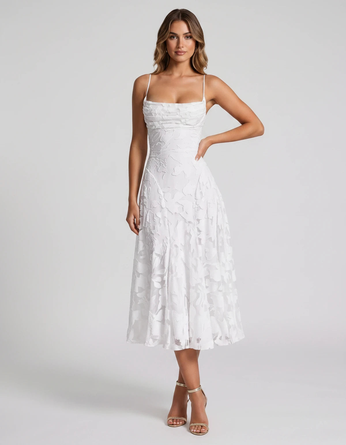 Undine Midi Dresses — White | SKU: RB-038f47-white-2,RB-038f47-white-4,RB-038f47-white-6,RB-038f47-white-8,RB-038f47-white-10,RB-038f47-white-12,RB-038f47-white-14,RB-038f47-white-16,RB-038f47-white-16W,RB-038f47-white-18W,RB-038f47-white-20W,RB-038f47-white-22W