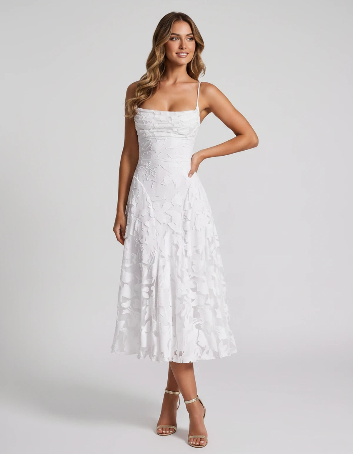 Undine Midi Dresses — White | SKU: RB-038f47-white-2,RB-038f47-white-4,RB-038f47-white-6,RB-038f47-white-8,RB-038f47-white-10,RB-038f47-white-12,RB-038f47-white-14,RB-038f47-white-16,RB-038f47-white-16W,RB-038f47-white-18W,RB-038f47-white-20W,RB-038f47-white-22W