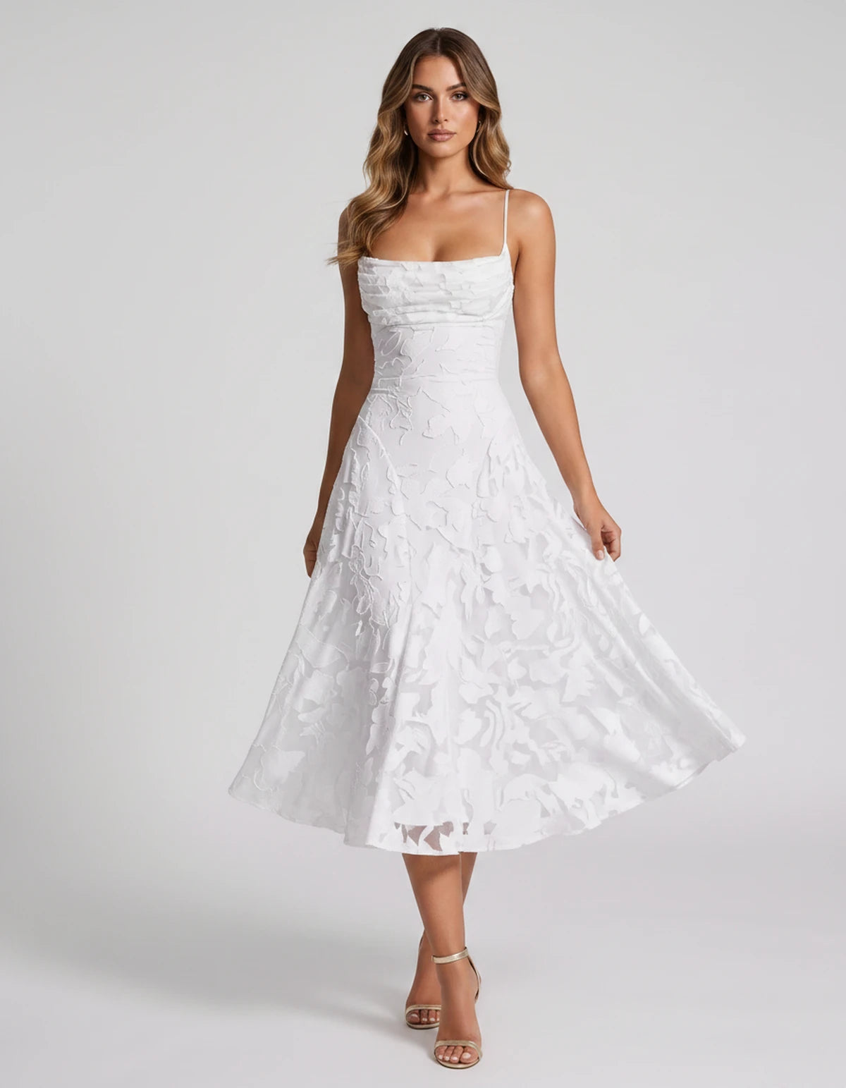 Undine Midi Dresses — White | SKU: RB-038f47-white-2,RB-038f47-white-4,RB-038f47-white-6,RB-038f47-white-8,RB-038f47-white-10,RB-038f47-white-12,RB-038f47-white-14,RB-038f47-white-16,RB-038f47-white-16W,RB-038f47-white-18W,RB-038f47-white-20W,RB-038f47-white-22W