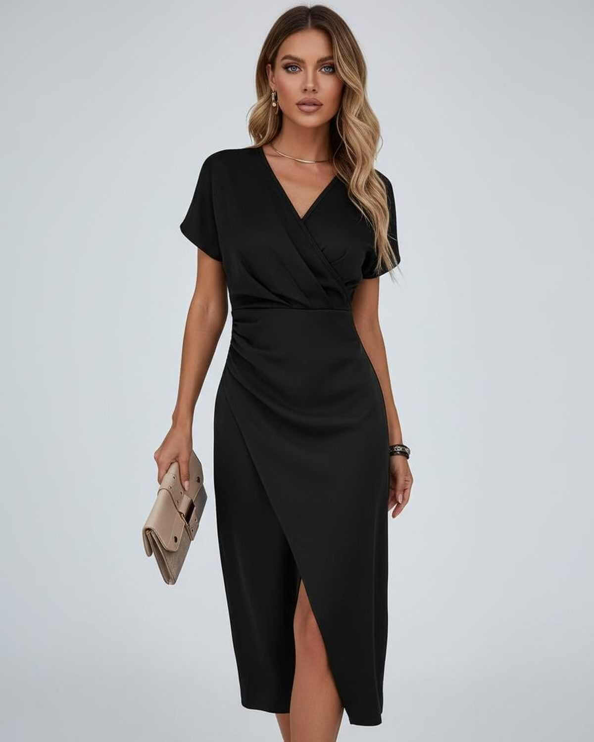 Black Satin Wrap V-Neck Short Sleeve Midi Dress | Formal Occasions, Night Out & Weddings, front view | Ramblion | SKU: EMD-482905173-black-L-7059,EMD-482905173-black-M-5398,EMD-482905173-black-S-5562,EMD-482905173-black-XL-1298,EMD-482905173-black-XS-7314