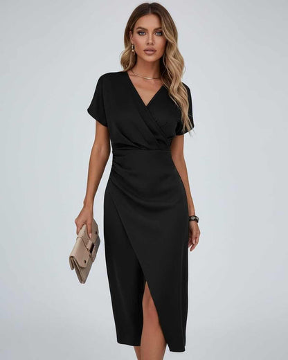 Black Satin Wrap V-Neck Short Sleeve Midi Dress | Formal Occasions, Night Out & Weddings, front view | Ramblion | SKU: EMD-482905173-black-L-7059,EMD-482905173-black-M-5398,EMD-482905173-black-S-5562,EMD-482905173-black-XL-1298,EMD-482905173-black-XS-7314
