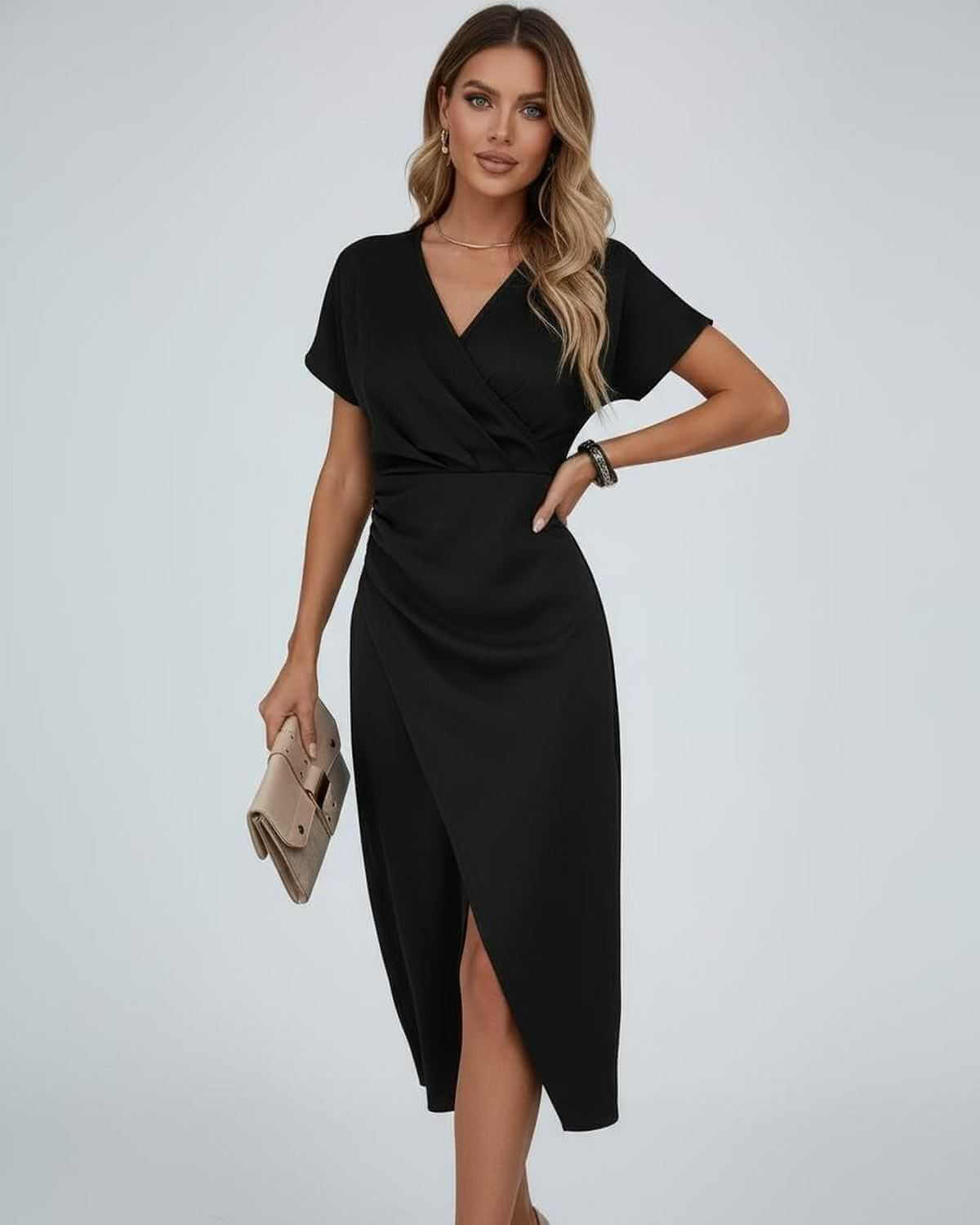 Black Satin Wrap V-Neck Short Sleeve Midi Dress | Formal Occasions, Night Out & Weddings, front view | Ramblion | SKU: EMD-482905173-black-L-7059,EMD-482905173-black-M-5398,EMD-482905173-black-S-5562,EMD-482905173-black-XL-1298,EMD-482905173-black-XS-7314