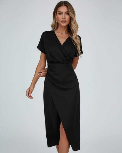 Black Satin Wrap V-Neck Short Sleeve Midi Dress | Formal Occasions, Night Out & Weddings, front view | Ramblion | SKU: EMD-482905173-black-L-7059,EMD-482905173-black-M-5398,EMD-482905173-black-S-5562,EMD-482905173-black-XL-1298,EMD-482905173-black-XS-7314