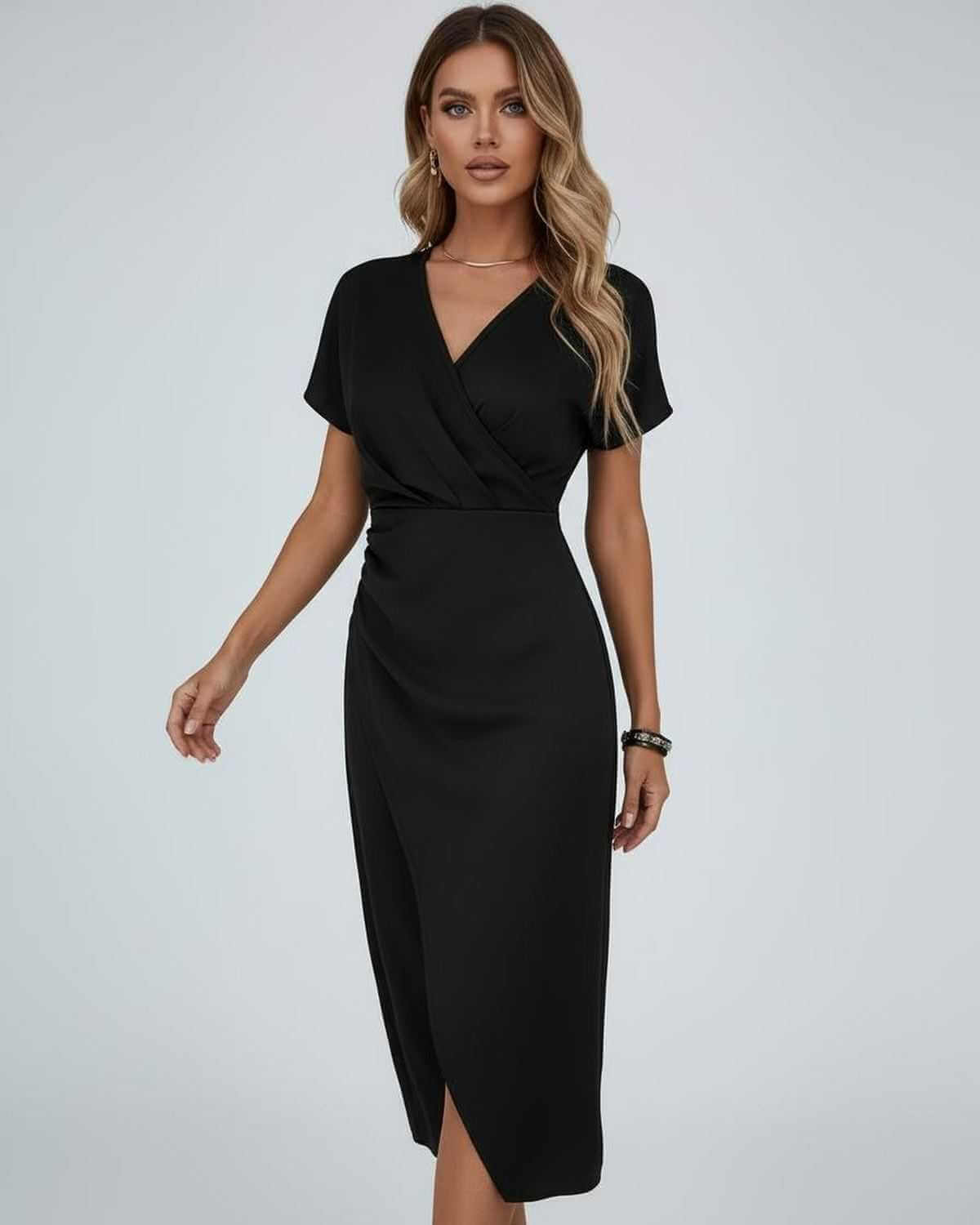 Black Satin Wrap V-Neck Short Sleeve Midi Dress | Formal Occasions, Night Out & Weddings, front view | Ramblion | SKU: EMD-482905173-black-L-7059,EMD-482905173-black-M-5398,EMD-482905173-black-S-5562,EMD-482905173-black-XL-1298,EMD-482905173-black-XS-7314
