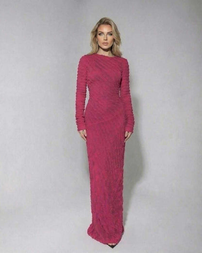 Urma Maxi Dress in vibrant pink, ankle-length, round neck, knitted texture by RAMBLION, perfect for making a statement.