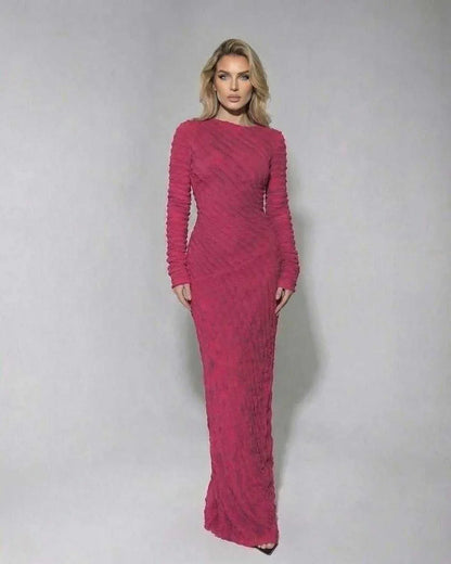 Pink Gown Round Neck Long Sleeve Maxi Dress | Gala Nights, Cocktail Hour & Everyday Wear, front view | Ramblion | SKU: IMD-483726195-pink-L-8856,IMD-483726195-pink-M-2319,IMD-483726195-pink-S-3127,IMD-483726195-pink-XL-9055,IMD-483726195-pink-XS-6749