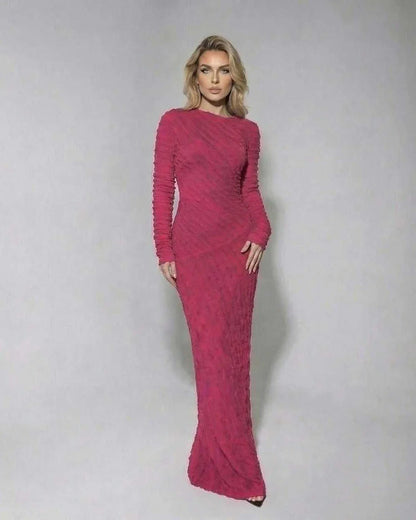 Pink Gown Round Neck Long Sleeve Maxi Dress | Gala Nights, Cocktail Hour & Everyday Wear, front view | Ramblion | SKU: IMD-483726195-pink-L-8856,IMD-483726195-pink-M-2319,IMD-483726195-pink-S-3127,IMD-483726195-pink-XL-9055,IMD-483726195-pink-XS-6749