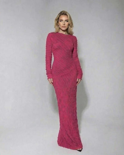 Pink Gown Round Neck Long Sleeve Maxi Dress | Gala Nights, Cocktail Hour & Everyday Wear, front view | Ramblion | SKU: IMD-483726195-pink-L-8856,IMD-483726195-pink-M-2319,IMD-483726195-pink-S-3127,IMD-483726195-pink-XL-9055,IMD-483726195-pink-XS-6749