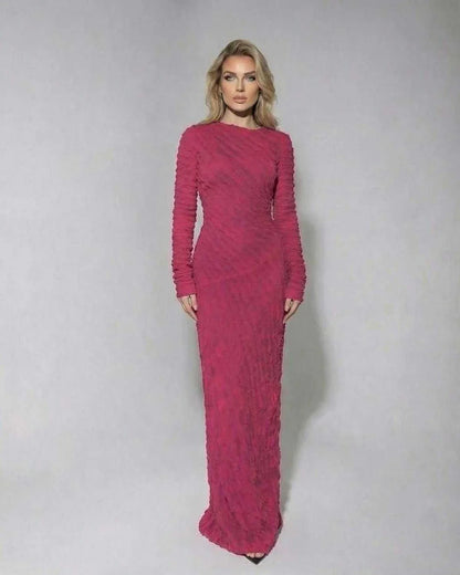 Pink Gown Round Neck Long Sleeve Maxi Dress | Gala Nights, Cocktail Hour & Everyday Wear, front view | Ramblion | SKU: IMD-483726195-pink-L-8856,IMD-483726195-pink-M-2319,IMD-483726195-pink-S-3127,IMD-483726195-pink-XL-9055,IMD-483726195-pink-XS-6749