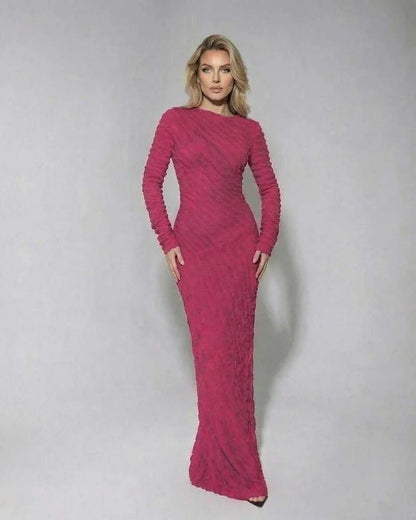 Pink Gown Round Neck Long Sleeve Maxi Dress | Gala Nights, Cocktail Hour & Everyday Wear, front view | Ramblion | SKU: IMD-483726195-pink-L-8856,IMD-483726195-pink-M-2319,IMD-483726195-pink-S-3127,IMD-483726195-pink-XL-9055,IMD-483726195-pink-XS-6749