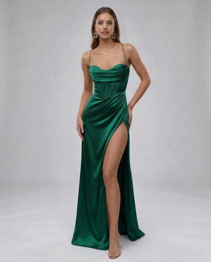Ursa Maxi Dress in vibrant green satin, featuring a sweetheart neckline, perfect for elegant occasions, by RAMBLION.