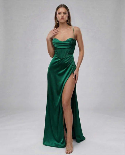 Ursa Maxi Dress by RAMBLION, green satin gown with thigh-high slit, perfect for elegant occasions.