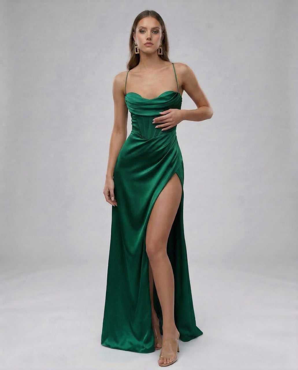 Ursa Maxi Dress by RAMBLION, emerald green satin, elegant silhouette, special occasions, 100% polyester.