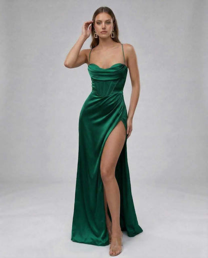 Ursa Maxi Dress by RAMBLION, vibrant emerald green, satin, elegant silhouette, perfect for special occasions.