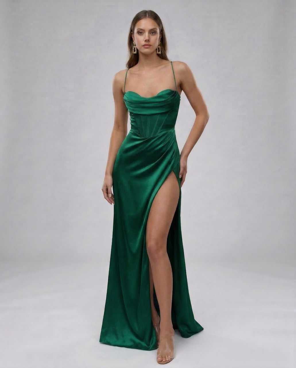 Ursa Maxi Dress by RAMBLION, emerald green satin, elegant silhouette, perfect for special occasions, stylish and luxurious.