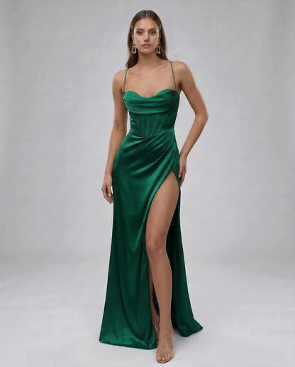 Emerald Satin Gown Sweetheart Sleeveless Maxi Dress | Formal Occasions & Cocktail Hour, front view | Ramblion | SKU: CMD-927364815-emerald-L-7459,CMD-927364815-emerald-M-4450,CMD-927364815-emerald-S-6940,CMD-927364815-emerald-XL-8290,CMD-927364815-emerald-XS-1511