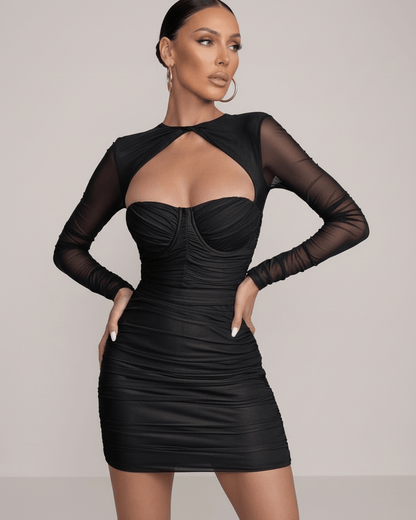 Ursa Mini Dress in black, 100% polyester satin, sweetheart neckline, perfect for evening wear, by RAMBLION.