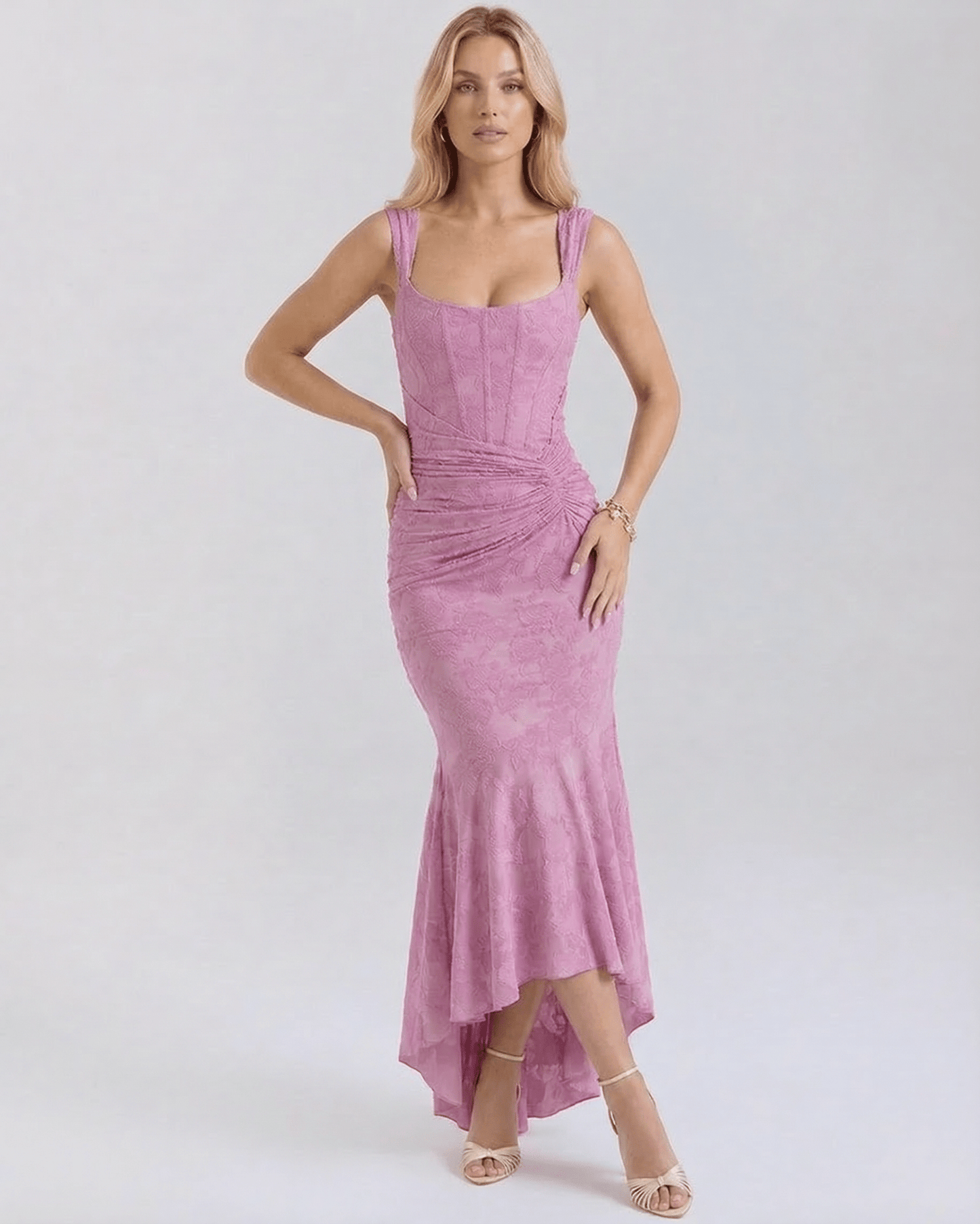 Usha Maxi Dress in soft pink, sleeveless, elegant ankle-length dress by RAMBLION, perfect for sophisticated occasions.