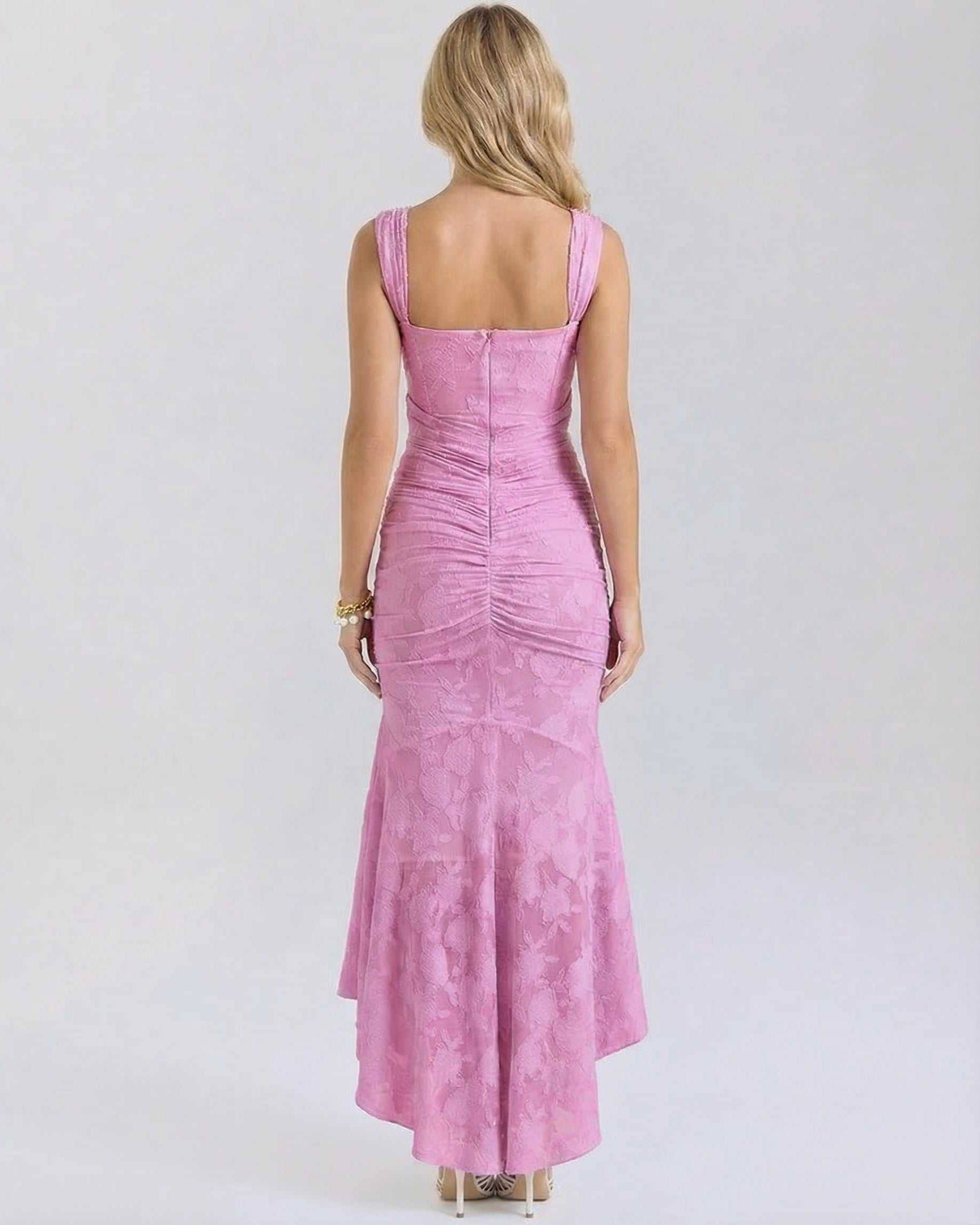 Usha Maxi Dress back view in soft pink, sleeveless, elegant design perfect for special occasions by RAMBLION